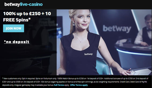 betway live casino no deposit spins